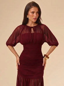 SHEIN BAE Gaun Pesta Wanita Elegan Berwarna Polos - Burgundy - View 4