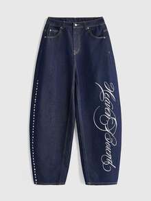 ROMWE Street Life Women's Low-Waist Curved Leg Denim Jeans With Original Blue Floral Letter Embroidery And Rhinestone Studs, Streetwear Versatile - Navy Blue - View 1