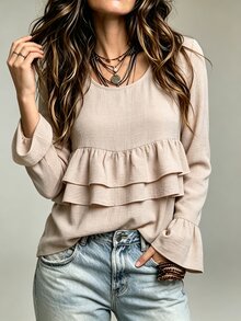 SHEIN 2026新款春夏/秋冬女款圓領荷葉邊長袖上衣，雙層蛋糕褶皺喇叭袖短版襯衫，後開衩白色鈕扣裝飾紋理素色上衣，溫柔優雅寬鬆顯瘦打底衫，日常通勤法式休閒百搭長袖女裝，亞麻面料 - 杏色 - 查看 5