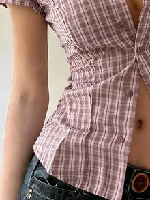 Sundraya Women's Casual Plaid Single-Breasted Collared Short Sleeve Shirt - Dusty Pink - View 3