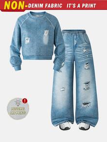 Tween Girls Ripped 2 Pieces Set, Crew Neck Raglan Crop Sweatshirt & Elastic Waist WideLeg DenimLook Pants, Casual Daily Matching Outfit - Blue - View 1