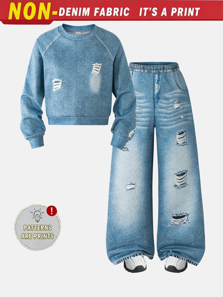 Tween Girls Ripped 2 Pieces Set, Crew Neck Raglan Crop Sweatshirt & Elastic Waist WideLeg DenimLook Pants, Casual Daily Matching Outfit - Blue - View 1
