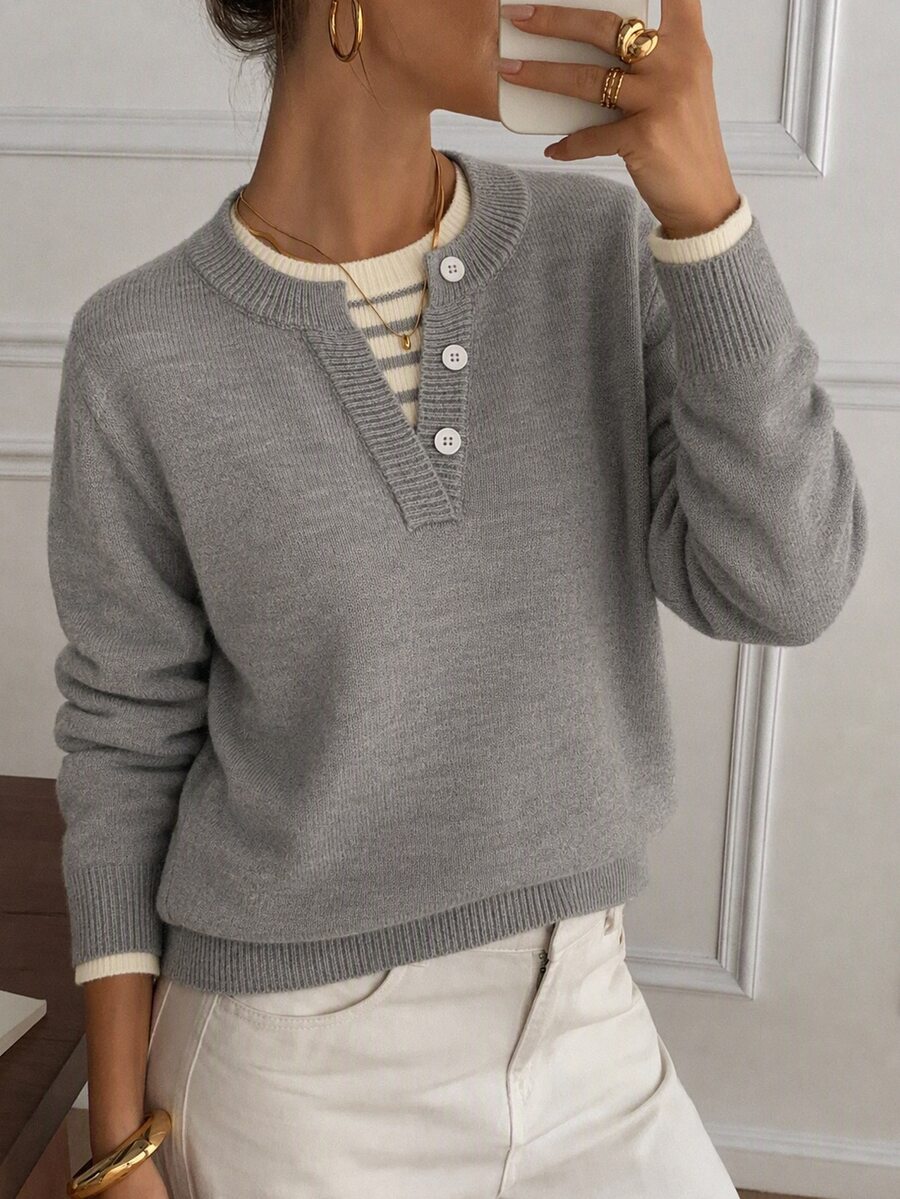 Livesso Sweater Kasual Lengan Panjang Bergaris Patchwork dengan Desain Kancing untuk Wanita, Cocok untuk Musim Gugur. - Grey - View 1