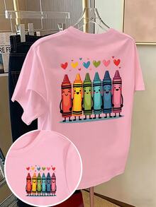 Elladie kids 女童返校季穿搭，可愛卡通彩色蠟筆愛心圖案印花基礎短袖T恤，舒適四季日常穿著粉色上衣 - 粉色 - 查看 5
