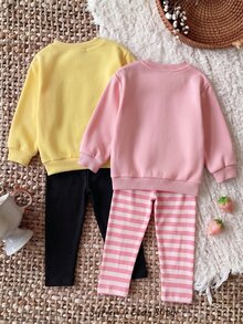 SHEIN Babygirl Cute Casual Knit Cartoon Pattern Sweatshirt & Elastic Waist Long Pants 4pcs Set - Pink - View 2