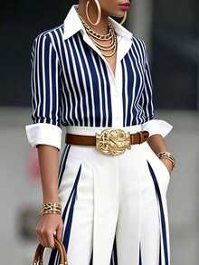 EMERY ROSE Plus Size Women's Striped Casual Versatile Everyday Outing Shirt - Multicolor - View 1