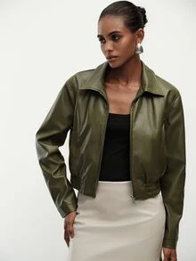 Aveloria Modichic Women's Jacket Cropped Bomber PU Zip Up Lapel Elastic Hem Long Sleeve Pockets Streetwear Cool Casual Vintage Olive Green Solid Jacket Women's Jacket - Army Green - View 3