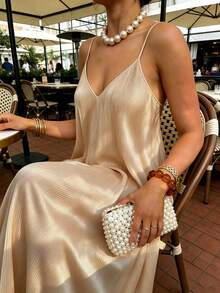SHEIN Casual Elegant Tropical Fashion Women's Solid Color Spaghetti Strap Dress Vacation Apricot Summer - Beige - View 4