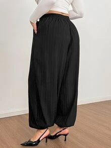 Shapeblank Plus-Size Women's Summer Casual Traditional Loose Slimming Textured Fabric Black Elastic Waist Lantern Pants Bottom Formal Office Dinner - Black - View 2