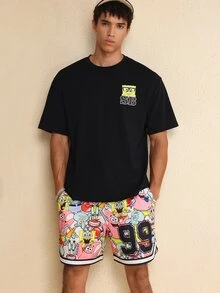 SpongeBob SquarePants | SHEIN Men's Summer Casual Cartoon Print Shorts - White - View 5