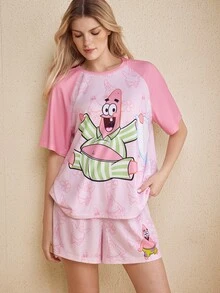 SpongeBob SquarePants | SHEIN Women's Raglan Short Sleeve T-Shirt And Shorts Loungewear Set - Baby Pink - View 4
