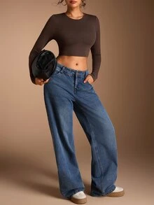 SHEIN BASICS 女款純色圓領長袖短版修身T恤 - 棕色 - 查看 5