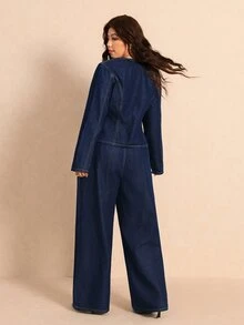 Elaquor Plus Size Autumn Casual Commute Jacket & Jeans 2 Pieces Set, Fall Winter Outfits For Women, Asymmetrical Denim Set, Office, Business, Commuter Set. - Blue - View 3