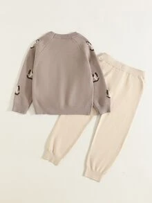 SHEIN Young Boys Sweater Co-Ords, Camel Color, Autumn/Winter, Teddy Bear Jacquard Knit Sweater And Pants Set, Raglan Long Sleeve, Soft And Comfortable, Suitable For Daily Wear - Camel - View 2