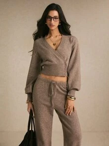 Poéselle Women's Solid Color Single-Breasted Dropped Shoulder Long Sleeve Knit Cardigan And Knit Pants Casual Set - Khaki - View 5