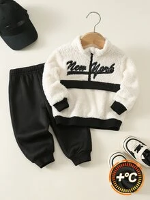 SHEIN 中性嬰兒男/女童 2件組秋冬加厚抓絨內裡時尚拼色毛絨運動衫套裝，男嬰冬季套裝，運動服，街頭風 - 黑與白 - 查看 1