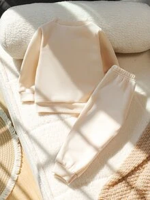 SHEIN 男嬰歐美風字母印花拼色長袖圓領落肩加厚鬆緊腰運動衫與運動褲套裝，休閒日常，秋冬款 - 杏色 - 查看 2