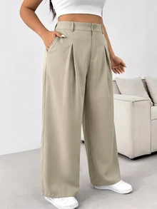 SHEIN EZwear Plus Size Women's Solid Color Simple Business Pants Graduation, - Khaki - View 1