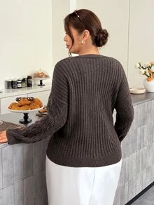 Firerie Maillard Coffee Color V-Neck Cable Knit Loose Lazy Long Sleeve Vintage Sweater Cardigan Winter - Brown - View 3