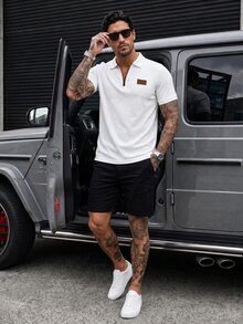 Manfinity Homme 男士夏季字母印花短袖 Polo 衫，街頭風，休閒 - 白色 - 查看 4