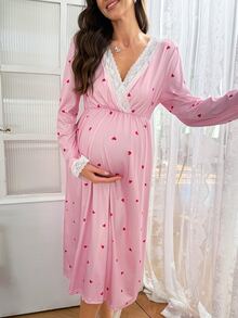Moonlight&Mama Maternity Casual Heart Print Contrast Lace Long Nightgown - Pink - View 5