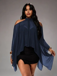 Rustia Plus Size Cold-Shoulder Halter Neck Striped Casual Comfortable Flowy Blouse For Spring And Summer - Navy Blue - View 7