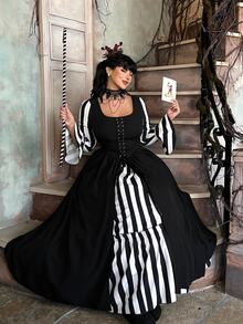 Lyrianda Dark Striped Colorblock Fashion Gothic Palace Style Halloween Plus Size Dress Fall - Black and White - View 2