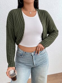 SHEIN EZwear Plus Solid Crop Black Jacket Without Tank Top Fall - Army Green - View 3