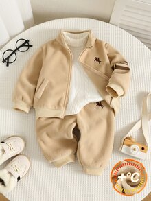 SHEIN 中性嬰兒男/女童、幼兒 2件組秋冬保暖內裡加厚可愛立領夾克套裝，嬰兒冬季服飾，運動套裝 - 卡其色 - 查看 6