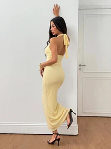 SHEIN PETITE 女款純色網紗垂領披領優雅約會晚禮服長洋裝，度假風秋冬節慶穿搭 - 淡黃色 - 查看 3