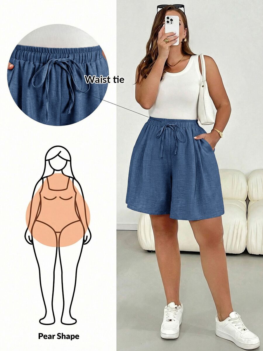 SHEIN Essnce 大尺碼女款純色休閒百搭日常穿搭短褲 - 藍色 - 查看 1