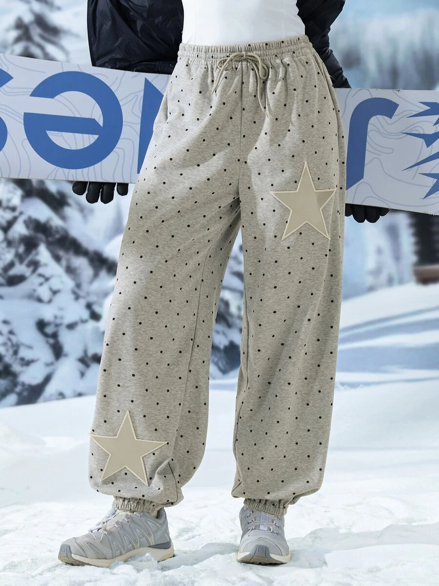 Exploreva Celana Jogging Kasual Wanita Motif Polkadot dengan Tali Serut di Pinggang untuk Aktivitas Luar Ruangan Sehari-hari - Grey - View 1