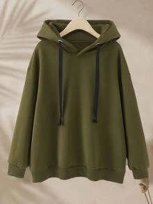 Rusticease Plus Size Women Solid Color Drawstring Hooded Sweatshirt For Daily Wear Autumn Formal Home Wear Going Out Olive Green Casual Baggy - Green - View 3