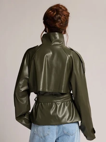 SHEIN BAE Women's Solid Color PU Leather Double-Breasted Fashion Trench Coat - Green - View 7