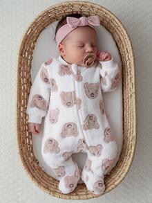 Cozy Pixies Newborn Baby Girl Decorative Bow Round Neck Long Sleeve Footed Romper - Multicolor - View 1