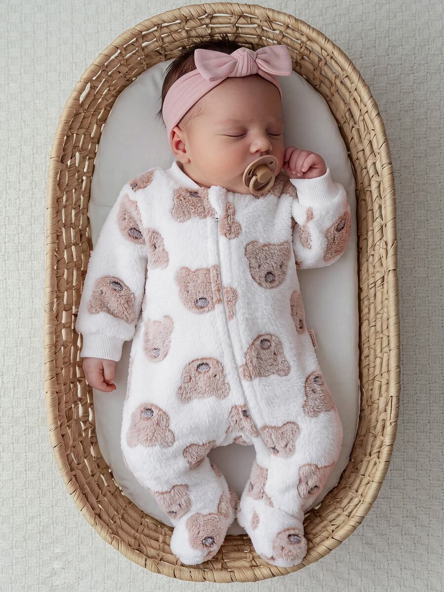 Cozy Pixies Newborn Baby Girl Decorative Bow Round Neck Long Sleeve Footed Romper - Multicolor - View 1