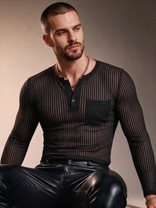 ZURIURI Men's Casual Sheer Long Sleeve T-Shirt - Black - View 1