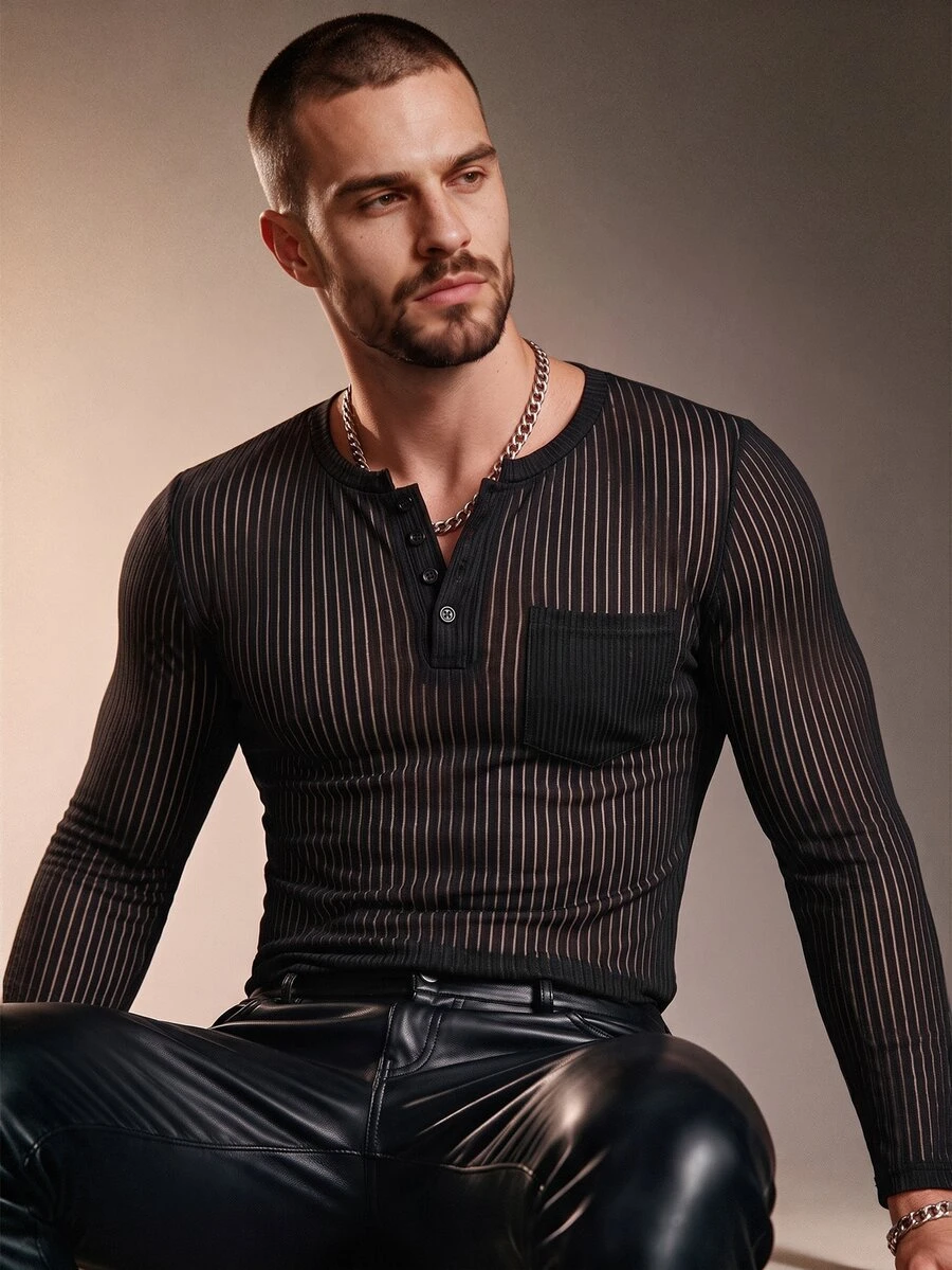 ZURIURI Men's Casual Sheer Long Sleeve T-Shirt - Black - View 1