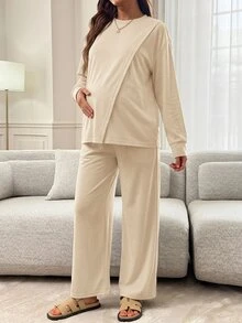 Slowluna Maternity Solid Color Long Sleeve T-Shirt And Pants Casual Nursing 2 Pieces Set Fall - Khaki - View 3