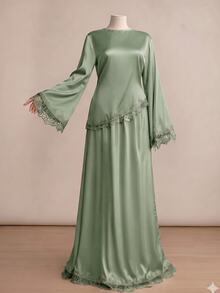 Veilorie Women's Lace Patchwork Long Sleeve Top And Skirt Casual 2 Pieces Set - Green - View 2