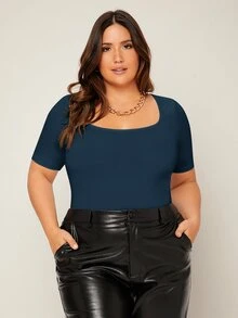 SHEIN BASICS 大尺碼純色圓領連身衣女款夏季穿搭 - 藏蓝色 - 查看 3