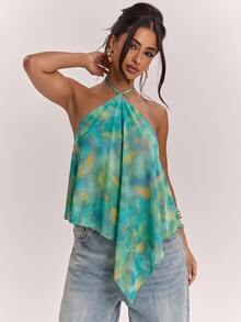 SHEIN BAE Top de tirantes con cuello halter y dobladillo asimétrico para mujer, estilo casual minimalista bohemio elegante romántico vintage con estampado, atuendo para ir al trabajo, festival de música, playa, vacaciones, atuendo de verano para mujer - Multicolor - Ver 5