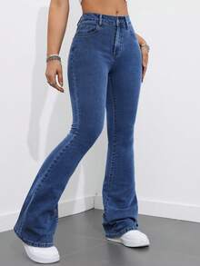 Flexra Petite Women's Fashion Street Button Pocket Flared Denim Jeans - Dark Wash - View 1