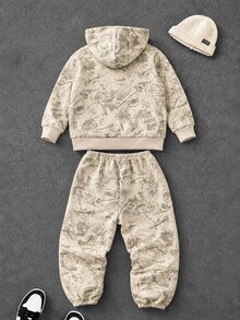 SHEIN 男童休閒時尚連帽印花長袖運動衫與運動長褲套裝，適合日常、學校、運動及其他場合，秋季 - 杏色 - 查看 2