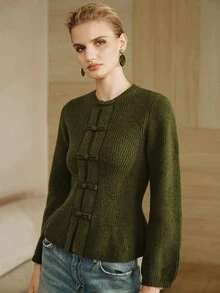 Arave Women's Sweater Top Slim Fit Waist Defining Chinese Frog Buttons Round Neck Ribbed Texture Retro Elegant Old Money Green Fall Clothes For Women Sweate - Army Green - View 8