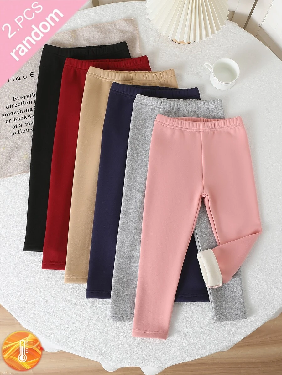 [6pcs Randomly Send 2pcs]Girls 2-Piece Set Knitted Solid Color Versatile All-Match Base Layer Elastic Slim Fit Fleece Lined Leggings, Children Home & Outdoor Wear, Spring/Autumn/Winter All Seasons - Multicolor - View 1