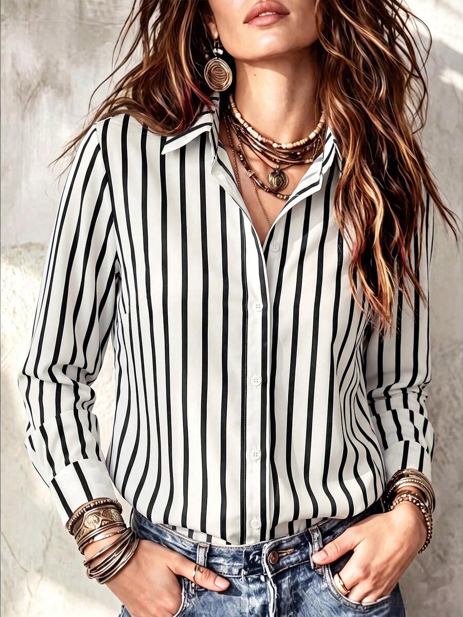 SHEIN 女款休閒條紋單排扣長袖襯衫 - 彩色 - 查看 1