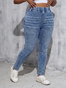 SHEIN MOD Plus Size Women's Elastic Waist Skinny Casual Versatile Denim Jeans - Medium Wash - View 3