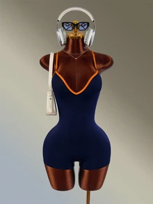 Amplova Women's Blue & Orange Colorblock X-Strap Backless Sports Romper - Navy Blue - View 8