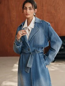 Anewsta Women's Lapel NeckLong Sleeve Casual Long Denim Jacket - Blue - View 5
